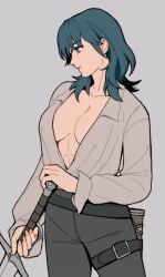 abs blue_hair boob_window breasts byleth_(fire_emblem) byleth_(fire_emblem)_(female) cleavage clothed clothes clothing emotionless expressionless female female_only fire_emblem fire_emblem:_three_houses inner_sideboob muscular muscular_female open_shirt pants radiostarkiller shirt shirt_open shirt_unbuttoned sword swordswoman unbuttoned_shirt