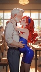 ai_generated elderly_male evening_dress french_kiss french_kissing happy husband husband_and_wife kissing kissing long_hair older_male pregnant pregnant_female purple_eyes pussy red_hair small_breasts smaller_female w wife wife_and_husband