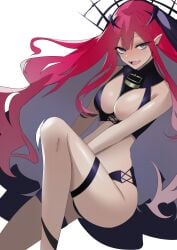 baobhan_sith_(fate) baobhan_sith_(second_ascension)_(fate) bare_shoulders black_horn black_horns blush breasts detached_sleeves earrings fangs fate/grand_order fate_(series) female grey_eyes horn horns jewelry knee_up kneepits long_hair looking_at_viewer medium_breasts musicatopos navel open_mouth open_mouth_smile parted_lips pink_hair pointy_ears red_hair red_hair_female revealing_clothes sidelocks sitting smile smiley_face smiling smiling_at_viewer solo thighs tongue upper_teeth veil