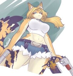 angelthevixen anthro big_breasts blonde_hair breasts clothing felid female firearm fur green_eyes gun gunblade hair handgun hi_res mammal mihoyo pistol pulchra_(zenless_zone_zero) ranged_weapon revolver solo topwear weapon white_clothing white_topwear yellow_body yellow_fur zenless_zone_zero