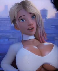 1girls 3d bimbo blonde_hair blue_eyes crop_top dyed_hair edit female full_color fully_clothed gwen_stacy gwen_stacy_(spider-verse) huge_breasts large_breasts marvel marvel_comics nipple_bulge no_penetration pink_hair ruidx shirt short_hair spider-gwen spider-man:_across_the_spider-verse spider-man:_into_the_spider-verse white_shirt