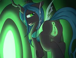 2017 anus ass bedroom_eyes changeling clitoris crown female feral friendship_is_magic green_eyes green_hair hair half-closed_eyes horn insect_wings kit-bash looking_at_viewer looking_back membranous_wings my_little_pony pussy queen_chrysalis_(mlp) seductive solo wings