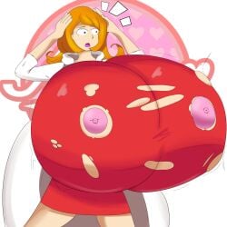 1girls areolae art:tb-arts blue_eyes breast_expansion breasts_bigger_than_head bursting_breasts dress gigantic_breasts huge_breasts hyper_breasts large_breasts logo mona_(warioware) nintendo nipples open_mouth orange_hair red_dress shocked shocked_expression tears_of_joy transparent_background warioware white_coat