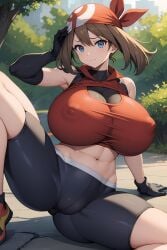 ai_generated big_breasts blonde_hair blue_eyes breasts brown_hair cameltoe cleavage covered_nipples female game_freak huge_breasts large_breasts light-skinned_female light_skin may_(pokemon) nintendo pai-roid pokemon short_hair smile solo solo_female