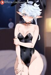 ai_generated alisaie_leveilleur black_leotard blue_eyes braid bunny_ears bunnysuit choker elf embarrassed final_fantasy final_fantasy_xiv leotard looking_at_viewer medium_breasts playboy_bunny primosan pussy_juice short_hair standing white_hair