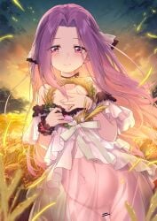 absurdres bare_shoulders blue_sky breasts censored choker coffeekite dress fate/grand_order fate_(series) female forehead gradient_sky hair_ribbon highres long_hair looking_at_viewer medusa_(fate) medusa_(lancer)_(fate) navel off_shoulder orange_sky parted_bangs pregnant purple_eyes purple_hair pussy ribbon see-through_clothes see-through_dress sidelocks sky small_breasts smile solo twilight very_long_hair white_dress wreath