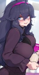 1girls breasts clothed female game_freak hex_maniac hizake huge_breasts kashu_(hizake) light-skinned_female light_skin long_hair milk naughty_face nintendo pokemon pokemon_xy purple_eyes purple_hair