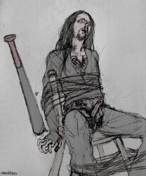 absurd_res baseball_bat beaten_up blood bruised circumcised dreadlocks erection grey_background jdevil jonathan_davis long_hair masochism on_chair revealing_penis tied_up traditional_art