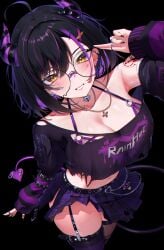 absurdres ahoge bandaid bandaid_on_face bandaid_on_nose black_background black_hair black_shirt blush breasts chains cleavage clothes_writing cowboy_shot crop_top crop_top_overhang female glasses goth_fashion grin highres himeliofon horns indie_virtual_youtuber large_breasts long_sleeves looking_at_viewer midriff miniskirt navel plaid_clothes plaid_skirt pleated_skirt purple_skirt rainhoe round_eyewear shirt short_hair simple_background skirt smile solo standing stomach thighhighs thighs virtual_youtuber yellow_eyes