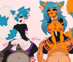 absurd_res anthro big_breasts blue_hair breasts canid canine clothing cole_(softpawcafe) domestic_cat felid feline felis female femboy fluffy fluffy_tail group hair heart_symbol hi_res legwear maid_uniform male male/female male/male mammal raccoon_dog sasha_(softpawcafe) softpawcafe tail tanuki thigh_highs uniform