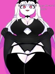 black_dress breasts english_text fnf_entity friday_night_funkin gray_hellsing mommy nikusa_(sugarratio) pussy pussy_peek white_body white_hair