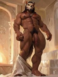 absurd_res anthro balls bath bathhouse beard bone brown_body brown_fur deerfoxpaints digital_drawing_(artwork) digital_media_(artwork) facial_hair fur genitals hi_res looking_at_viewer male muscular muscular_male nude pecs penis pubes pubic_mound skeletal skull skull_head skull_wolf tail