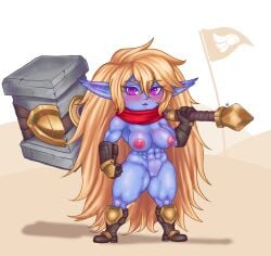 abs absurd_res areola big_breasts big_hair blonde_hair blue_body blue_fur blush blush_lines boots breasts brown_boots brown_clothing brown_footwear brown_gloves brown_handwear clothing eyelashes female footwear fur genitals gloves hair hair_down hammer handwear hi_res holding_hammer holding_object holding_tool holding_weapon humanoid humanoid_pointy_ears kilih188 league_of_legends long_hair looking_at_viewer muscular muscular_female navel nipples nude open_mouth pink_areola pink_nipples poppy pupils purple_eyes pussy red_scarf riot_games scarf shoes short_stack simple_background slit_pupils solo tencent thick_thighs tools weapon weapon_on_shoulder white_background wide_hips yordle