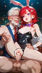 ai_generated anus armpits bunny_ears bunny_girl bunnysuit cum cum_inside fishnet_pantyhose happy purple_eyes pussy pussy_juice red_hair sex short_hair small_breasts smaller_female striptease tongue tongue_out