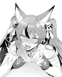 animal_ears bare_shoulders bell blush bow censored erun_(granblue_fantasy) fellatio foreskin foreskin_pull granblue_fantasy hair_bell hair_ornament hairbow long_hair mario_(artist) mario_(mario_portal) metera_(granblue_fantasy) monochrome mosaic_censoring oral penis tongue twintails