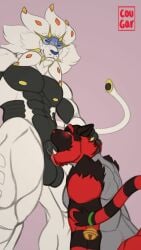 anthro azcein duo generation_7_pokemon hi_res incineroar legendary_pokemon male male/male nintendo oral oral_penetration penetration pokemon pokemon_(species) sex solgaleo