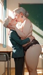 ai_generated chubby_female elderly_female french_kiss french_kissing happy kissing kissing nude_female older_female school_uniform smaller_male teacher teacher_and_student