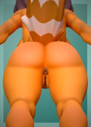 2024 absurd_res ailurid anthro anus ass big_butt biped blue_background brown_hair butt_focus female fur genitals hair hi_res humanoid_genitalia humanoid_pussy low-angle_view mammal markings orange_body orange_fur orange_markings payanda phoenixq_q puffy_anus pussy red_panda simple_background solo striped_markings striped_tail stripes tail tail_markings white_body white_fur white_markings