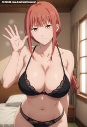 ai_generated aindroidparanoid bangs bed bedroom big_breasts bra braid breasts busty chainsaw_man cleavage color curvy cute cute_face female female_only indoors large_breasts lingerie makima_(chainsaw_man) massive_breasts navel nipples panties pretty red_hair smile stable_diffusion voluptuous waving yellow_eyes