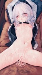 absurdres belly blush breasts bukkake couch cum cum_in_pussy cum_on_body cum_on_breasts cum_on_hair cum_on_stomach facial female flat_chest highres lying navel on_couch open_mouth original solo spread_legs wakaba_(945599620) white_hair