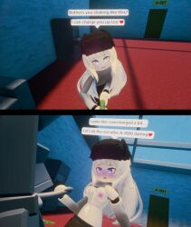 1boy 1girls 3d areolae artist_request blue_eyes blush breasts cum cum_on_breasts english_text handjob nipples penis roblox roblox_avatar roblox_game robloxian rooms_(roblox) showing_breasts source_request tagme text text_bubble white_hair