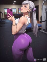 1girls ai_generated ass ass big_ass black_clover bubble_butt gym gym_uniform hi_res huge_ass large_ass leggings noelle_silva presenting presenting_hindquarters purple_eyes selfie showing_off silver_hair sweat thick_thighs thighs tight_clothing twintails