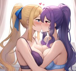 ai_generated anabel_(another_eden) another_eden blonde_hair blue_eyes bra breasts deirdre_(another_eden) hair_ribbon incest kissing large_breasts nai_diffusion purple_hair red_eyes sister_and_sister sisters underwear yuri