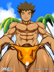 1boy bara big_balls big_penis brock_(pokemon) cock_pointing_towards_viewer gay human looking_at_viewer male_only manly muscle muscles muscular muscular_male pokemon pokemon_rgby precum precum_drip precum_through_clothing solo solo_male spaca submissive_pov tagme taker_pov thumb_in_waistband undressing veiny_penis