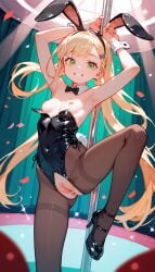 ai_generated anus armpits blonde_hair bunny_ears bunny_girl bunnysuit green_eyes happy long_hair pantyhose pilon pussy small_breasts smaller_female striptease