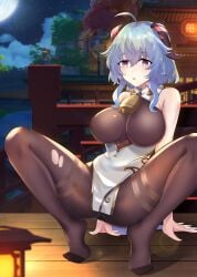 :o adult adult_female ahoge ankles antenna_hair areola_bulge arm_support bare_shoulders bell black_legwear black_pantyhose black_stockings blue_eyebrows blue_hair blue_hair_female blush bodystocking breasts busty busty_female calves curled_horns eyebrows_visible_through_hair feet female ganyu_(genshin_impact) genshin_impact gold_trim hand_on_floor hand_on_ground horns hourglass_figure jewelry large_breasts lean_body lean_figure legs legs_apart legs_spread legwear long_hair looking_at_viewer m_legs mature mature_female musicatopos neck_bell night nipple_bulge no_gloves no_shoes open_mouth outdoor outdoors outside pantyhose parted_lips purple_eyes purple_eyes_female sidelocks sleeveless slender_body slender_waist slim_girl slim_waist solo spread_legs spreading_legs squatting squatting_female squatting_position stockings thighlet thighs thin_waist toes torn_bodystocking torn_clothes triangle_mouth wide_hips