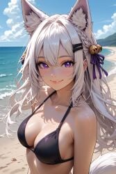 afalyca ai_generated beach bells bikini black_bikini cleavage filian filian_(vtuber) fox_ears fox_tail hairclip long_hair looking_at_viewer smile twitch upper_body virtual_youtuber vtuber white_hair white_tail