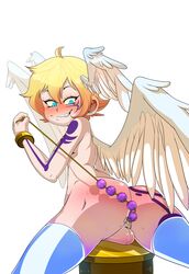 1boy anal_beads anal_juice angel beads_(sex_toy) beads_in_ass blonde_hair blue_eyes blush blushing digimon digimon_(species) digimon_frontier digimon_xros_wars enookie fangs lucemon tagme thigh_highs trap wings