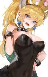 bare_shoulders black_dress blonde_hair blue_eyes blush bowsette bracelet breasts brooch cleavage collar collarbone commentary covered_navel crown dress earrings female hair_between_eyes hand_on_own_hip highres horns jewelry large_breasts long_hair looking_at_viewer mario_(series) new_super_mario_bros._u_deluxe open_mouth ormille ponytail sharp_teeth simple_background solo sparkle spiked_bracelet spiked_collar spikes super_crown tail teeth turtle_shell white_background