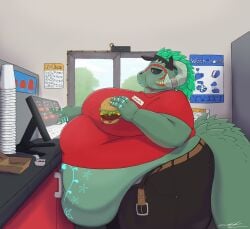 1girls anthro argonian bbw big_areola big_ass big_belly big_breasts big_butt big_nipples big_thighs burger celeste_(celesteargy) chubby chubby_anthro chubby_female eating eating_food fast_food fast_food_employee fast_food_uniform fat fat_ass fat_belly fat_breasts fat_butt fat_thighs female food futanari gigantic_belly gigantic_butt gigantic_thighs huge_ass huge_belly huge_breasts huge_butt huge_nipples huge_thighs large_ass large_belly large_breasts large_butt large_thighs markings_on_belly massive_belly massive_thighs obese obese_anthro obese_female overweight overweight_anthro overweight_female panties ssbbw standing sweater tagme tagme_(artist) tail