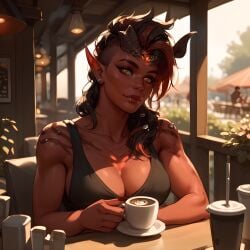 1:1 ai_generated cafe cleavage coffee_mug demon_girl demon_horns eogard_orc karlach red_skin self_upload sitting sitting_on_chair