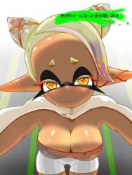 1girls 2024 alternate_costume armwear big_breasts black_mask blush_lines blushing_at_viewer bolero breasts clothed clothing crop_top dark-skinned_female dark_body digital_drawing_(artwork) digital_media_(artwork) dipstick_fingers eyelashes frye_(grand_festival) frye_(splatoon) frye_onaga grand_festival_(splatfest) grey_hair grey_pants hi_res imp_horns japanese_text looking_at_viewer marine marine_humanoid mollusk mollusk_humanoid nervous_face nintendo official_alternate_costume pointy_eared_humanoid pointy_ears splatfest splatoon splatoon_(series) splatoon_3 strapless sweat sweatdrop t2ukmyjm teal_hair team_future_(splatfest) tentacle tentacle_hair text white_lace white_sleeves yellow_eyes yellow_pupils