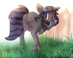 ass blush brown_eyes clitoris cutie_mark dock dripping equine fan_character fur hair horse mammal multicolored_hair my_little_pony outside pony presenting presenting_pussy pussy pussy_juice raised_tail saliva striped_tail stripes underhoof wings woofmaple