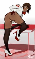 1girls ass big_ass brown_eyes brown_hair candela_(pokemon) candela_(pokemon_go) clothed clothing cum cum_on_pussy dark-skinned_female dark_skin female high_heels human leg_up looking_at_viewer looking_back nintendo pantyhose pantyhose_down pokemon pokemon_go pussy short_hair solo straight text thick_thighs