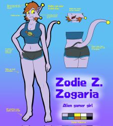 alien alien_girl alien_humanoid ass barefoot blue_background breasts brown_hair covered_breasts cute cute_fangs female freckles frickepic_(artist) purple_skin reference_image sfw short_shorts tall tall_female tall_girl tank_top thick_thighs yellow_eyes zodie_frickepic