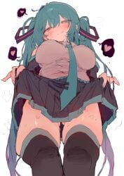 big_breasts blush breasts butt_from_the_front hatsune_miku heart looking_at_viewer looking_down low-angle_view otintin skirt skirt_lift thick_thighs thighhighs thighs vocaloid