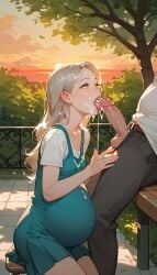 ai_generated blonde_hair blowjob cum cum_in_mouth elderly_male green_eyes husband husband_and_wife long_hair old_man older_male pregnant pregnant_female small_breasts smaller_female sucking_penis wife wife_and_husband