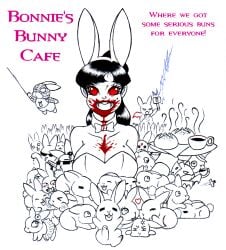 beauty_mark beauty_spot black_hair blood_on_breasts blood_on_face blood_on_mouth bonnie(galejro) bunny_ears bunny_girl bunnysuit buns coffee creepy cute funny galejro huge_breasts large_breasts lineart long_hair ponytail rabbit rabbit_ears rabbit_girl red_eyes sketch vampire vampire_girl