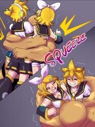 1girl 2boys anon bearhug blank_background blonde_hair blue_eyes blush comic_panel featureless_face female gritted_teeth kagamine_len kagamine_rin muscular_male onomatopoeia pain ryona size_difference sweat tightsquish trembling vocaloid wrestling