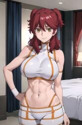 ai_generated athletic_female big_breasts gundam_00 huge_breasts imayoai light-skinned_female light_skin looking_at_viewer massive_breasts nena_trinity red_hair smiling solo_female squatting sweat sweatdrop twintails voluptuous voluptuous_female yellow_eyes