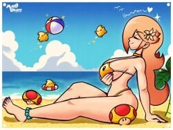 1girls anklewear ass beach beach_ball big_ass big_breasts bikini blonde blonde_hair breasts clothed clothing cloud clouds dialogue english_dialogue english_text floatie flower flower_in_hair hand_on_breast heart humming luma mario_(series) marodraws mega_mushroom mushroom nintendo palm_tree peach_hair princess_rosalina relaxed relaxing ring_floatie star star_bikini stars super_mario_bros. super_mario_galaxy text