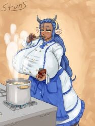 blue_hair chef_uniform cooking cow_girl lactation massive_breasts milk nipples stunsetting