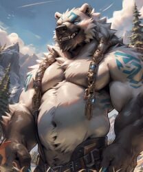 ai_generated anthro biceps bliue_eyes clothing detailed_background detailed_fur glowing glowing_eyes hair kuranoidss looking_at_viewer male mountains musclegut plant polar_bear sharp_teeth smile snow solo solo_focus tattoo teeth thick_neck tree ursid ursine volibear white_body white_fur