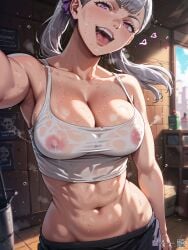 1girls abs ai_generated big_breasts black_clover crop_top hi_res large_breasts looking_at_viewer muscular muscular_female nipples nipples_visible_through_clothing no_bra noelle_silva purple_eyes see-through see-through_clothing selfie showing_off silver_hair smile sports_bra sportswear sweat thick_thighs thighs tight_clothing toned toned_female twintails wide_hips