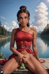 ai_generated avatar_the_last_airbender bare_shoulders blue_eyes breasts brown_hair cleavage cute fit_female hips image katara naked nipple patreon patreon_username seductive shoulders solo solo_female standing waist