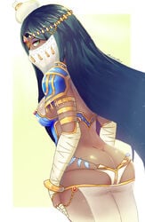 absurdres arabian arabian_clothes ass black_hair breasts butt_crack caster curvy dark-skinned_female dark_skin fate/grand_order fate_(series) female female_only gold green_eyes harem_outfit highres jewelry long_hair looking_at_viewer medium_breasts ornament scheherazade_(fate) solo thick_thighs thighs veil